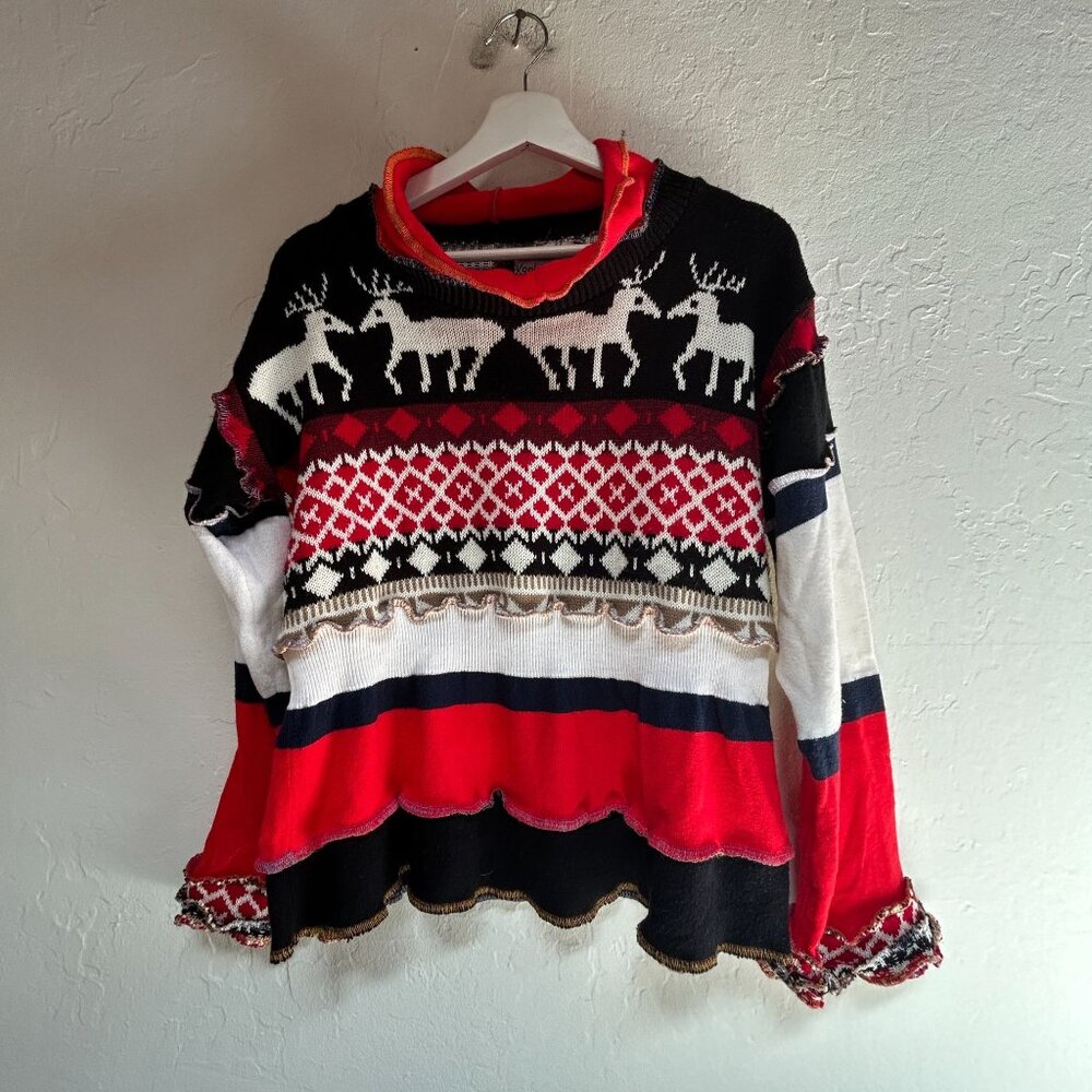 VonksArt Womens Reindeer Fair Isle Sweater Pullover Red Knit Holiday OOAK Artsy